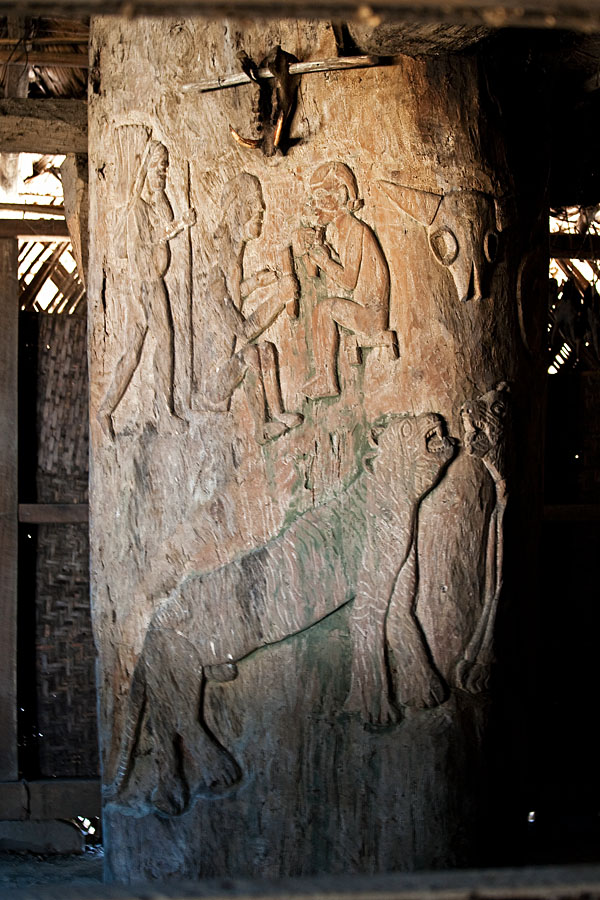  Wood carved Pillar in the house of the chief (Angh) of Longwa   on the border with Myanmar